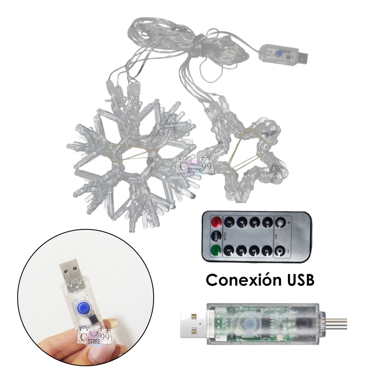 Luces De Navidad Copos y Estrellas USB