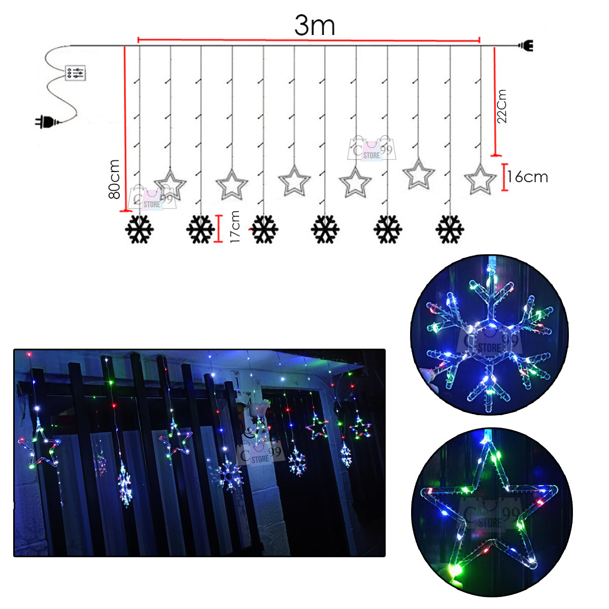 Luces De Navidad Copos y Estrellas USB